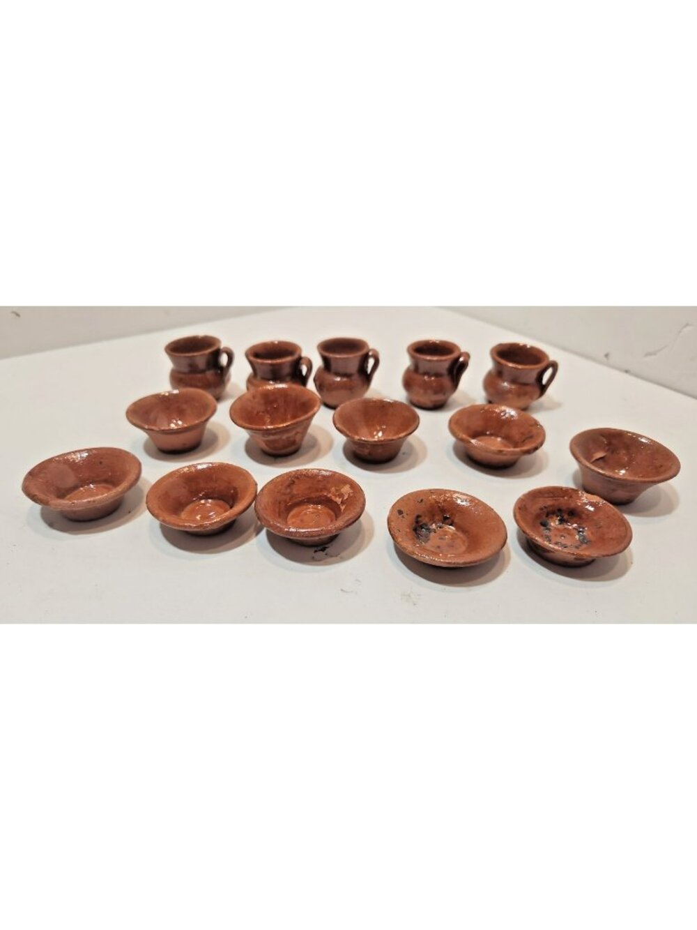 Vtg Handmade Tiny Terracotta Dishes Dollhouse Miniature Set Of 15